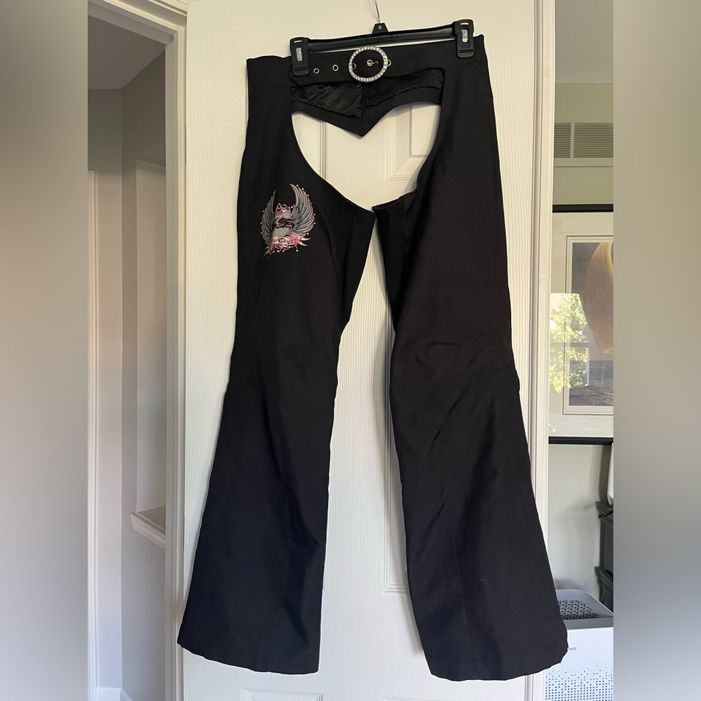 womens vegan biker chaps w/ rhinestones, adjustable belt & lightweight liner